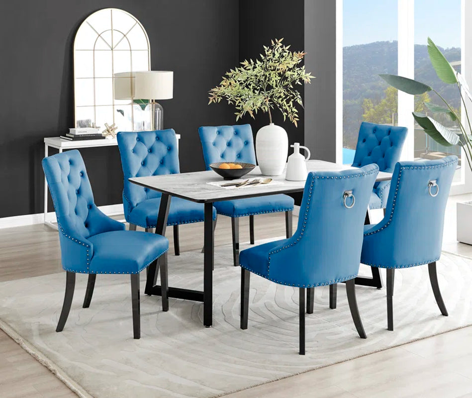 Industrial Design White & Grey Marble Effect Melamine Dining Table Set with 6 Button Velvet Chairs