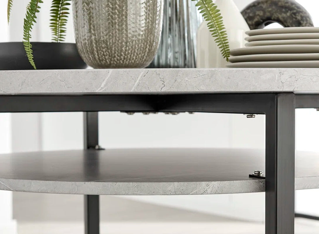 Adler Concrete Effect round Dining Table Set with Shelf & 4 Luxury Modern Velvet Dining Chairs