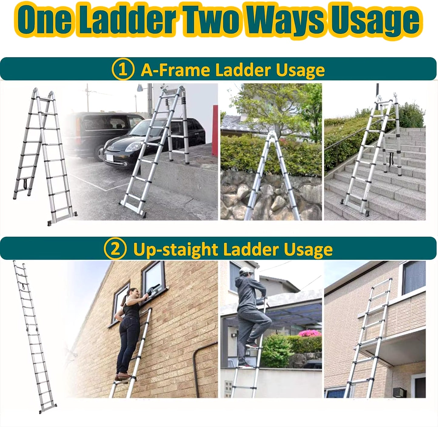 Ladder a Frame Telescopic Ladder 3.8M Aluminum Telescoping Extension Ladder Multi-Purpose with Stabilizer Bar for Home, EN131