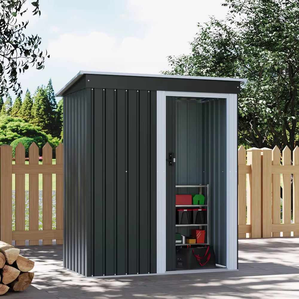 【】Outdoor Water-Resistant Galvanized Steel Storage Shed with Sloping Roof,Lockable Door for Lawn Patio Backyard