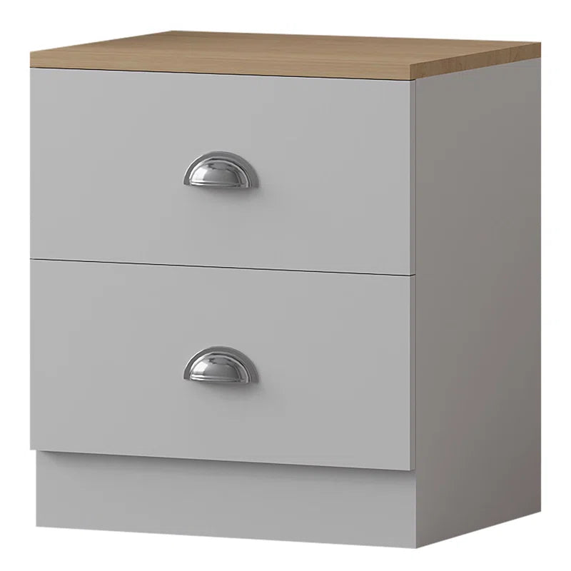 Lyndes 2 Drawer Bedside Table Nightstand Cabinet - Matt Finish, Oak Effect Top. Polished Chrome Cup Handles