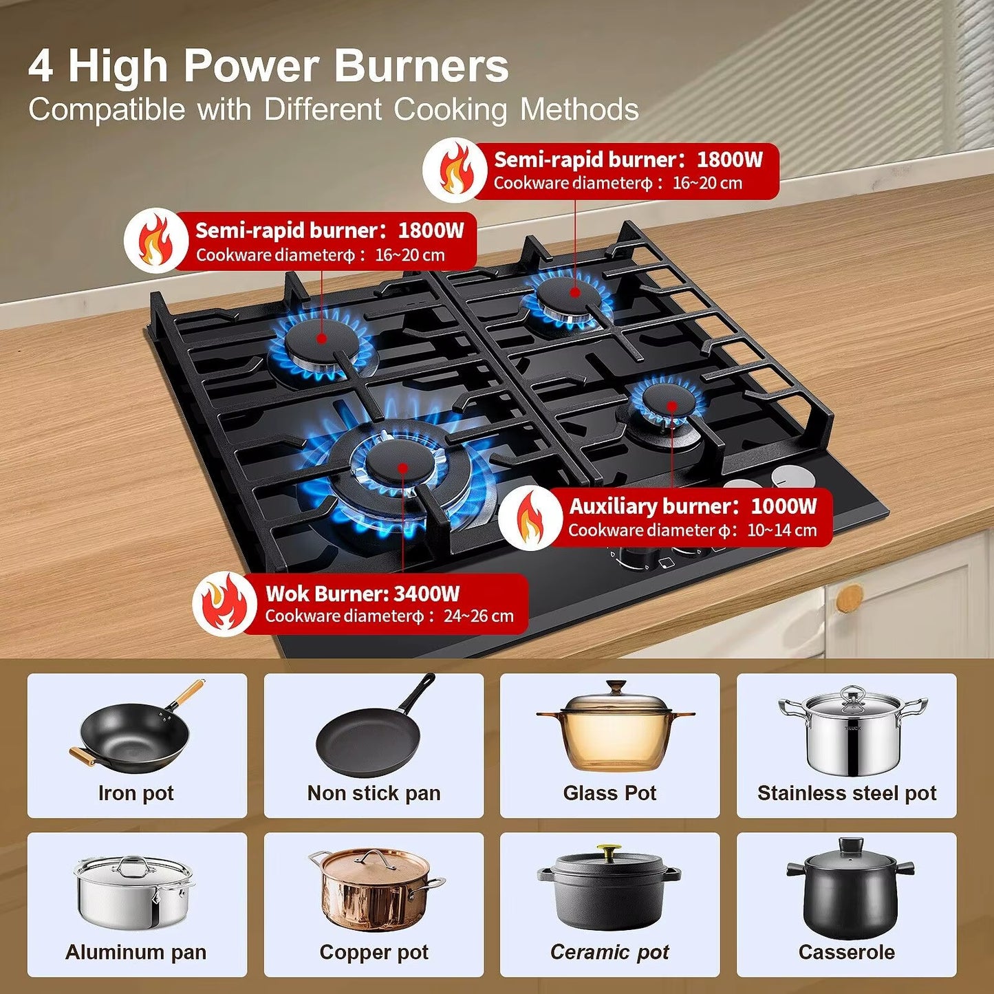 4 Burner 60Cm Kitchen Built in Tempered Glass NG/LPG Convertible Gas Hob UKGCT-B04