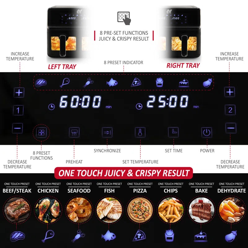 8L Dual Basket Low Energy Air Fryer with Digital Smart Programmes - 2 Large Drawers, 8 Pre-Set Functions, 60 Minute Timer, Xl Family Size Drawer - Black