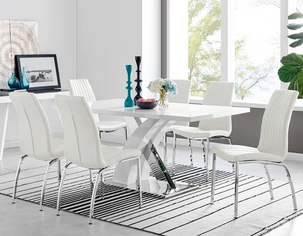 Marietta Chrome Metal and White High Gloss Dining Table Set - 6 Luxury Soft Touch Dining Chairs