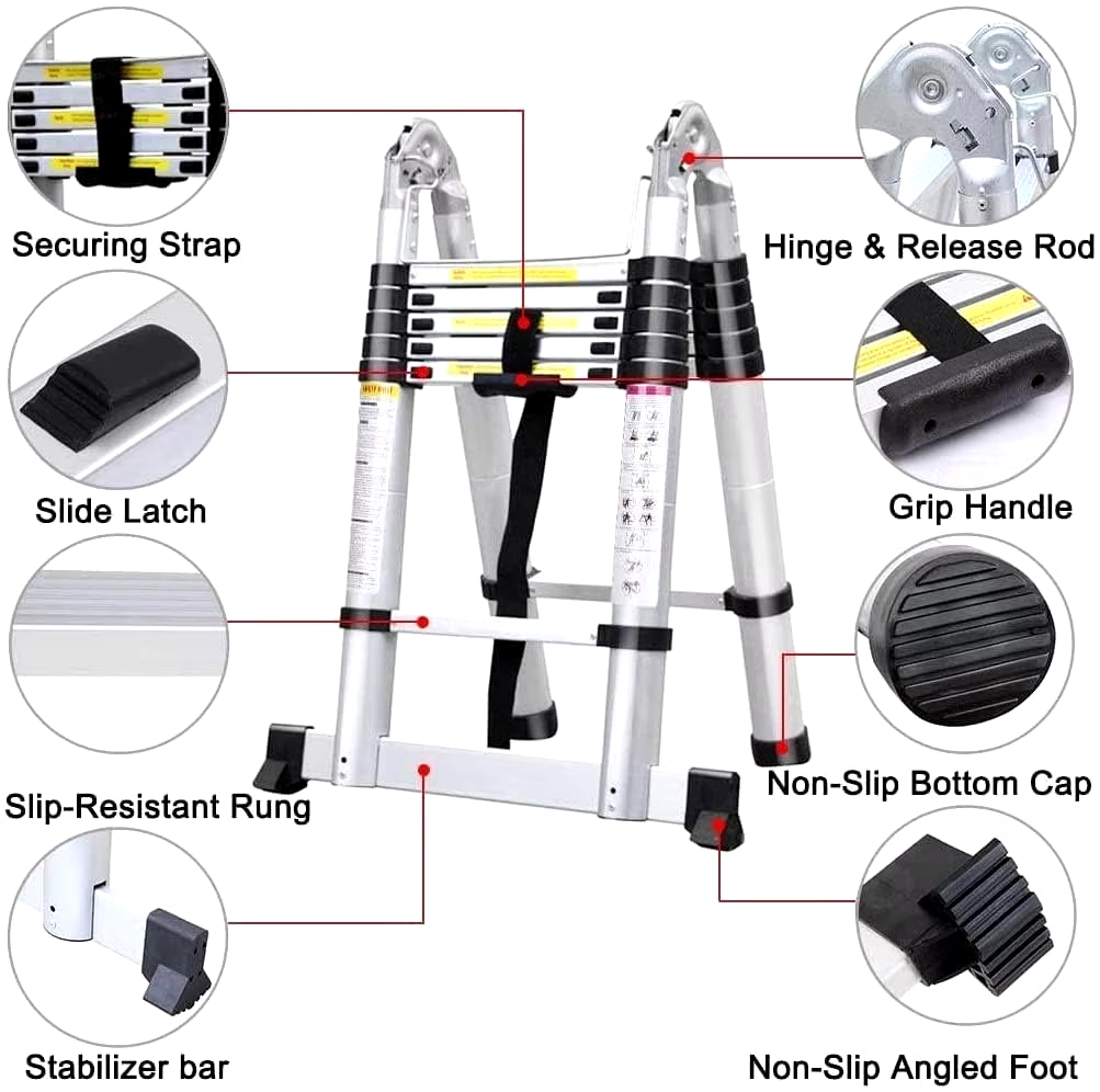 Ladder a Frame Telescopic Ladder 3.8M Aluminum Telescoping Extension Ladder Multi-Purpose with Stabilizer Bar for Home, EN131