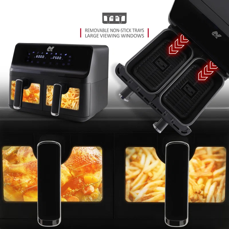 8L Dual Basket Low Energy Air Fryer with Digital Smart Programmes - 2 Large Drawers, 8 Pre-Set Functions, 60 Minute Timer, Xl Family Size Drawer - Black