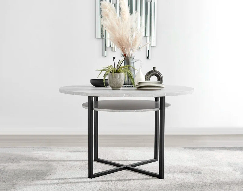 Adler Concrete Effect round Dining Table Set with Shelf & 4 Luxury Modern Velvet Dining Chairs