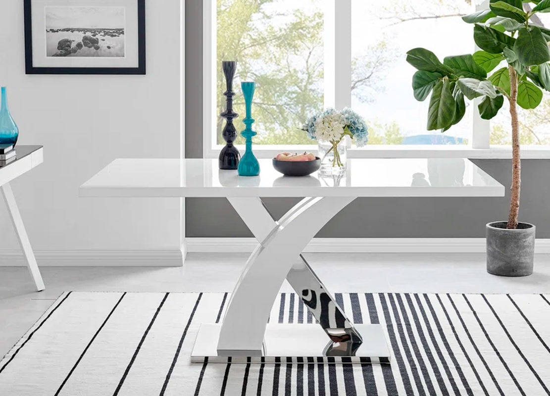 Marietta Chrome Metal and White High Gloss Dining Table Set - 6 Luxury Soft Touch Dining Chairs