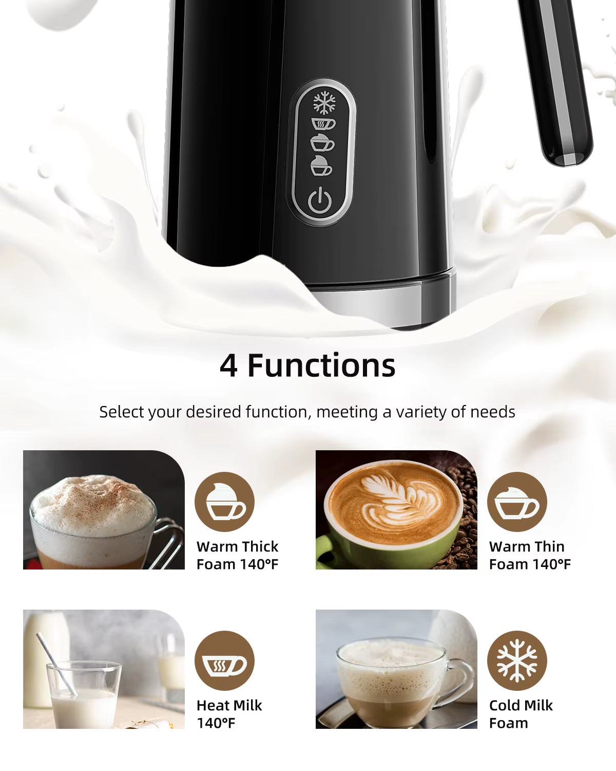 Electric 4 in 1 Automatic Hot and Cold Milk Frother Warmer for Latte, Foam Maker, Hot Chocolates, Cappuccino