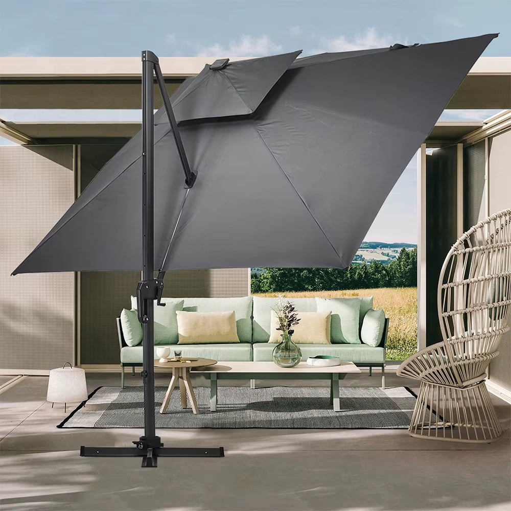 【】3M Dark Grey Garden LED Light Parasol Outdoor Umbrella with Cross Base