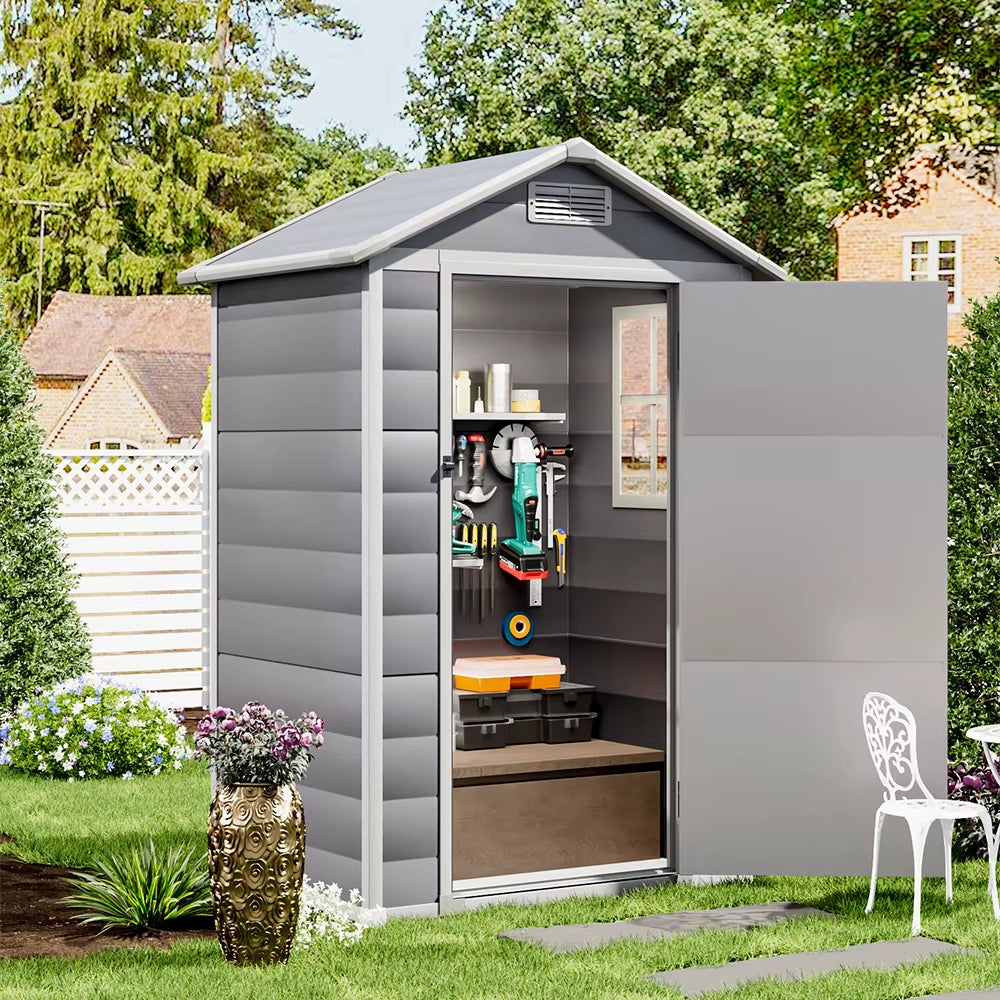 【】Outdoor Storage Shed Kit - Perfect for Storing Patio Furniture, Grey and White
