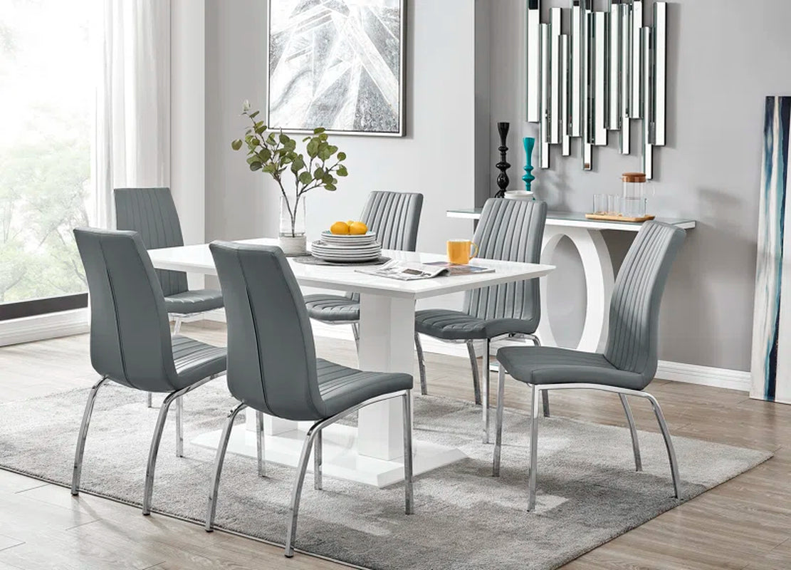 Edzard Double Pedestal High Gloss Dining Table Set with 6 Soft Touch Faux Leather Dining Chairs