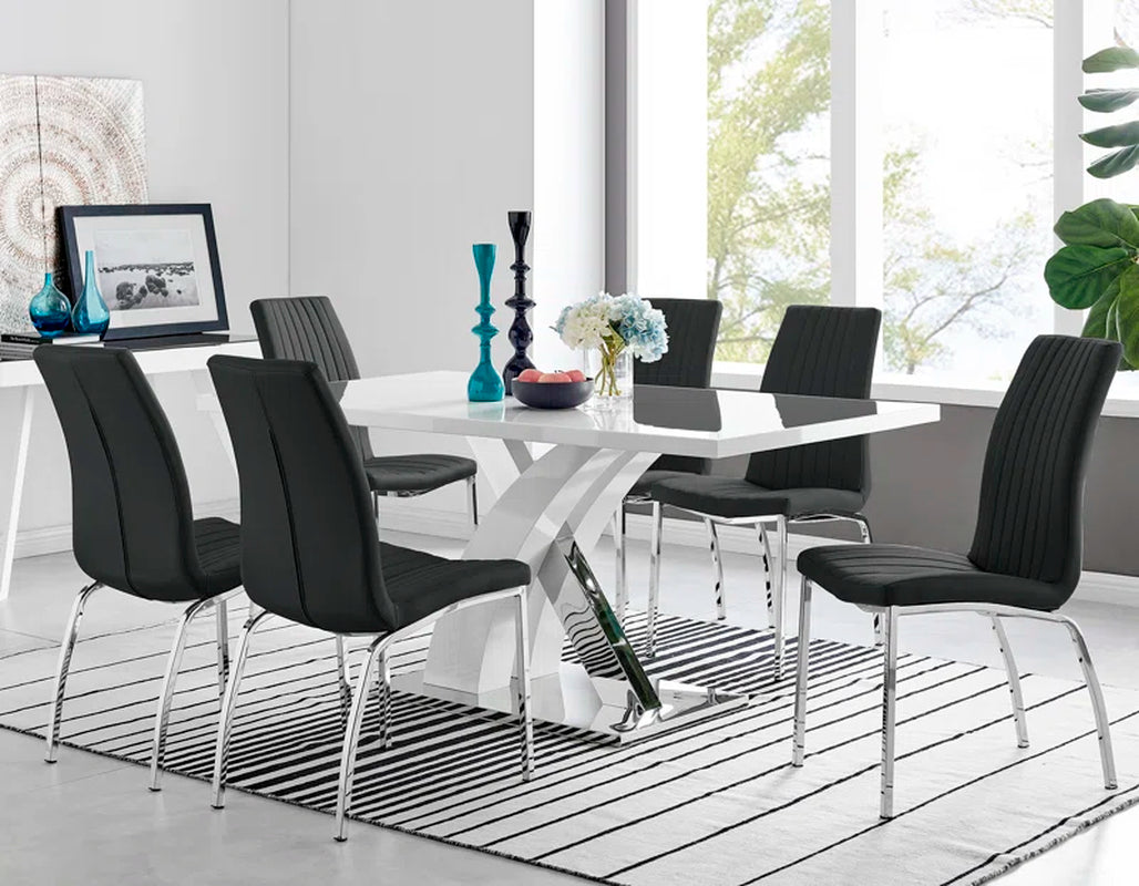 Marietta Chrome Metal and White High Gloss Dining Table Set - 6 Luxury Soft Touch Dining Chairs