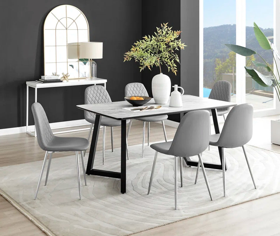 Industrial Design White & Grey Marble Effect Melamine Dining Table Set with 6 Faux Leather Chairs