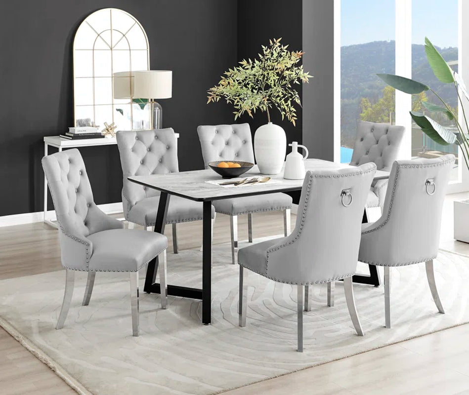 Industrial Design White & Grey Marble Effect Melamine Dining Table Set with 6 Button Velvet Chairs
