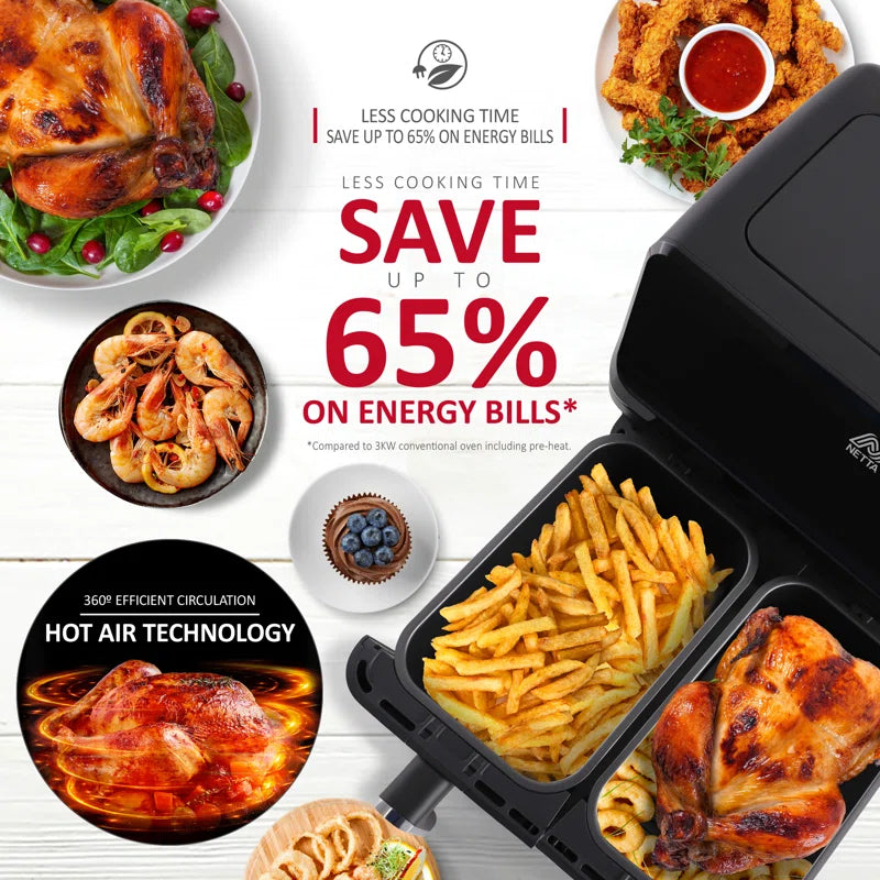 8L Dual Basket Low Energy Air Fryer with Digital Smart Programmes - 2 Large Drawers, 8 Pre-Set Functions, 60 Minute Timer, Xl Family Size Drawer - Black