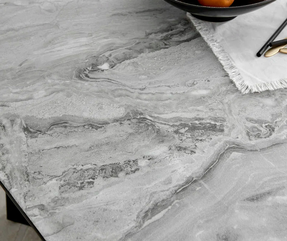 Industrial Design White & Grey Marble Effect Melamine Dining Table Set with 6 Faux Leather Chairs