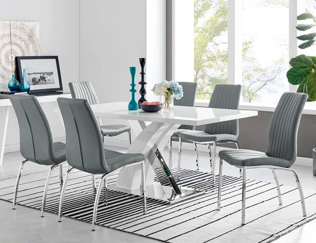 Marietta Chrome Metal and White High Gloss Dining Table Set - 6 Luxury Soft Touch Dining Chairs