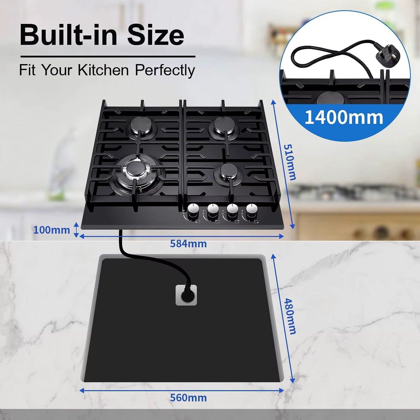 4 Burner 60Cm Kitchen Built in Tempered Glass NG/LPG Convertible Gas Hob UKGCT-B04