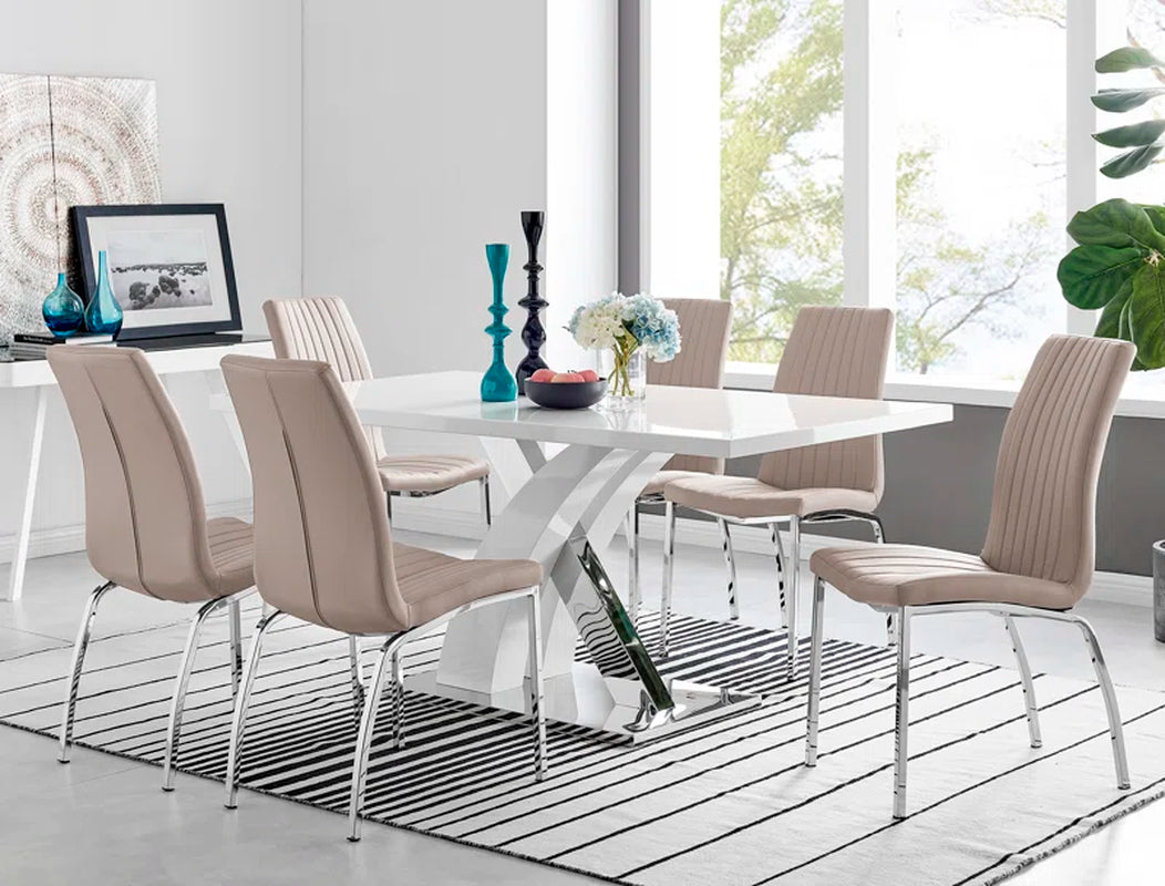 Marietta Chrome Metal and White High Gloss Dining Table Set - 6 Luxury Soft Touch Dining Chairs