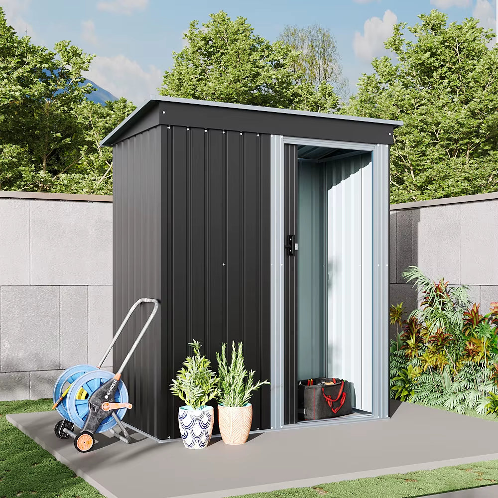 【】Outdoor Water-Resistant Galvanized Steel Storage Shed with Sloping Roof,Lockable Door for Lawn Patio Backyard