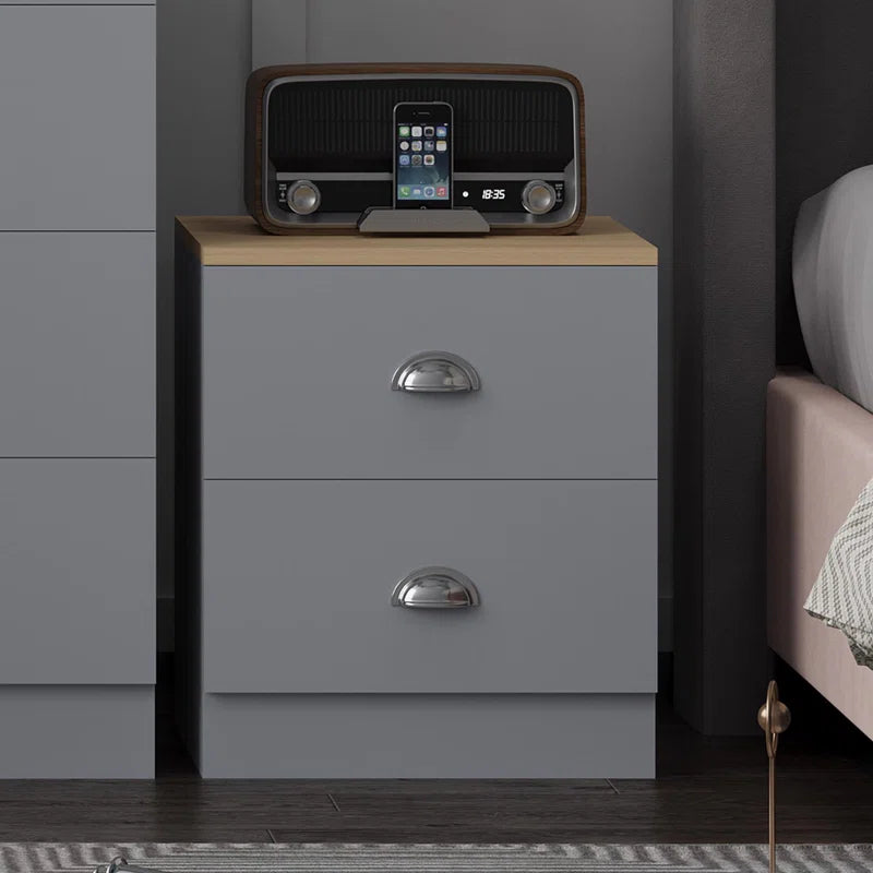 Lyndes 2 Drawer Bedside Table Nightstand Cabinet - Matt Finish, Oak Effect Top. Polished Chrome Cup Handles