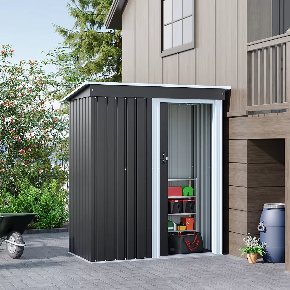 【】Outdoor Water-Resistant Galvanized Steel Storage Shed with Sloping Roof,Lockable Door for Lawn Patio Backyard