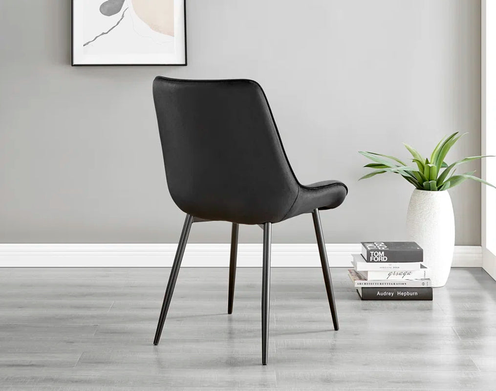 Edzard Statement Pedestal round Dining Table Set in Black & 4 Luxury Velvet Dining Chairs