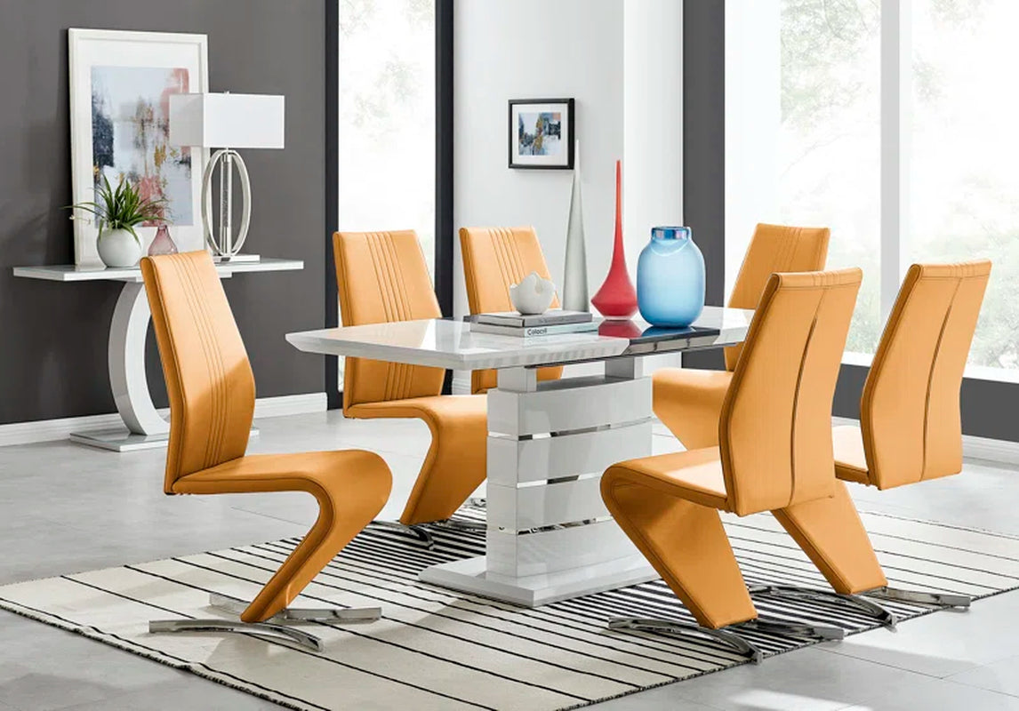 Renne Modern High Gloss Extendable Dining Table Set with 6 Modern Design Faux Leather Dining Chairs