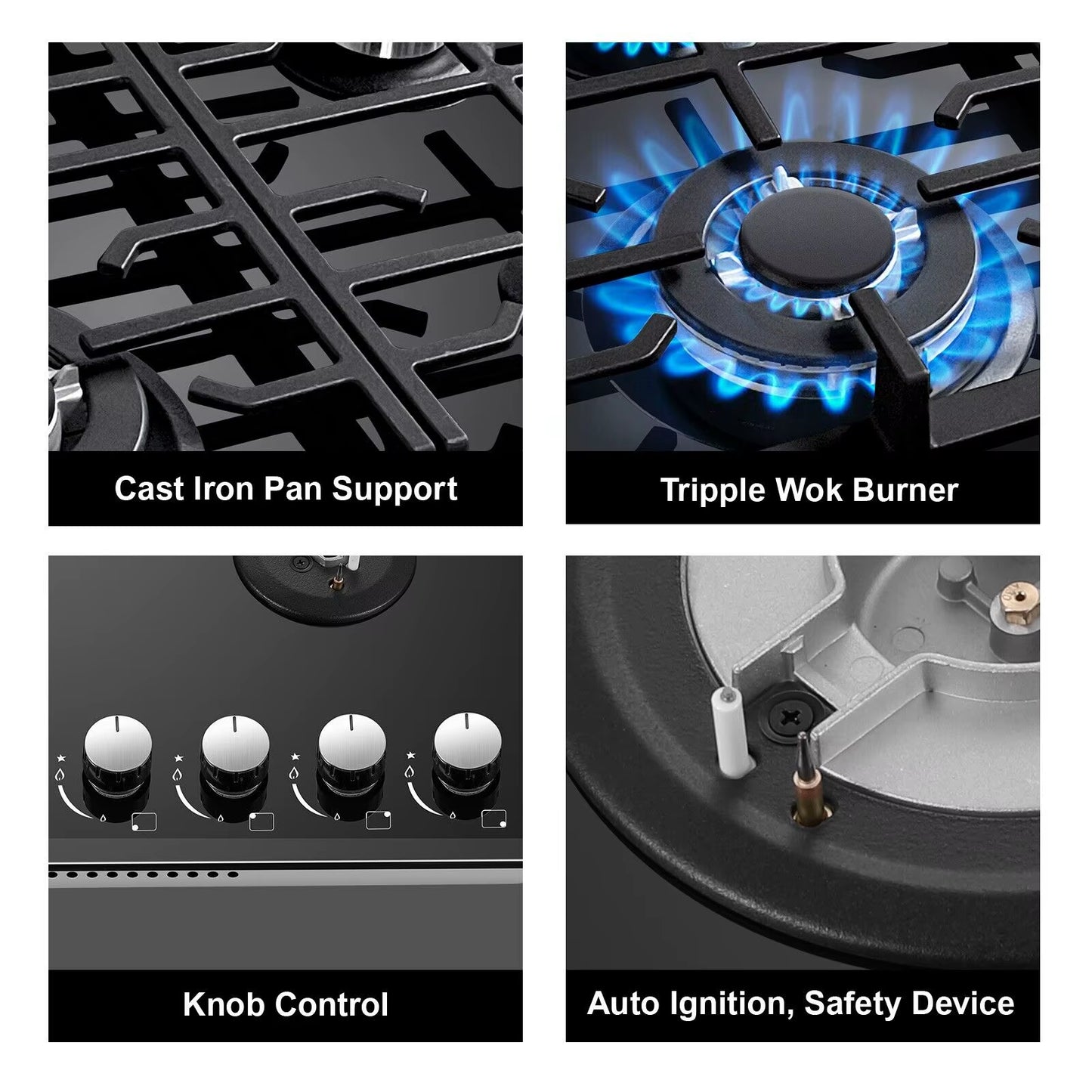 4 Burner 60Cm Kitchen Built in Tempered Glass NG/LPG Convertible Gas Hob UKGCT-B04