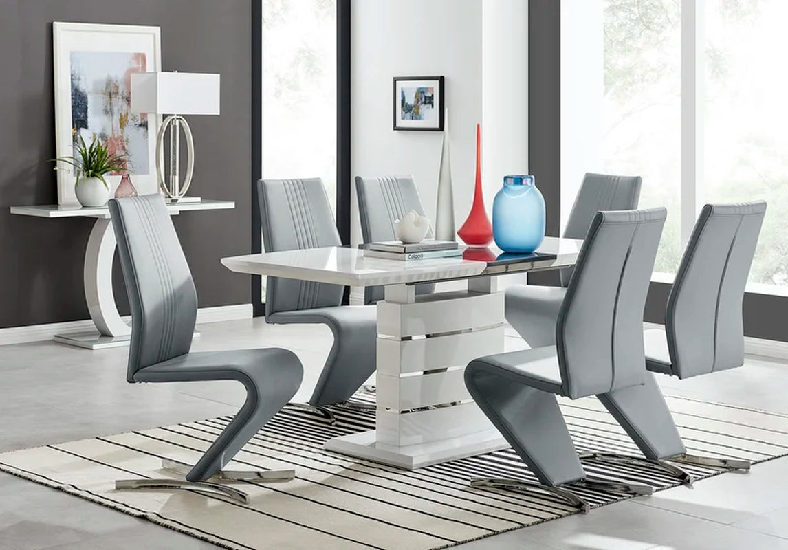 Renne Modern High Gloss Extendable Dining Table Set with 6 Modern Design Faux Leather Dining Chairs