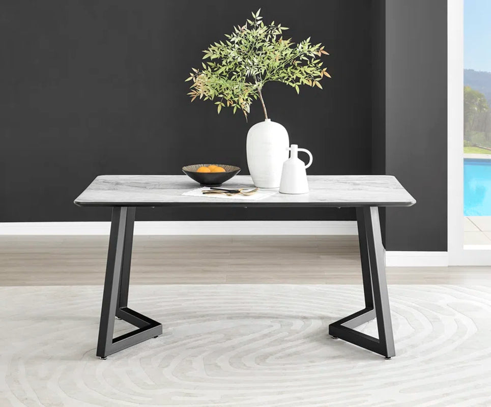 Industrial Design White & Grey Marble Effect Melamine Dining Table Set with 6 Faux Leather Chairs