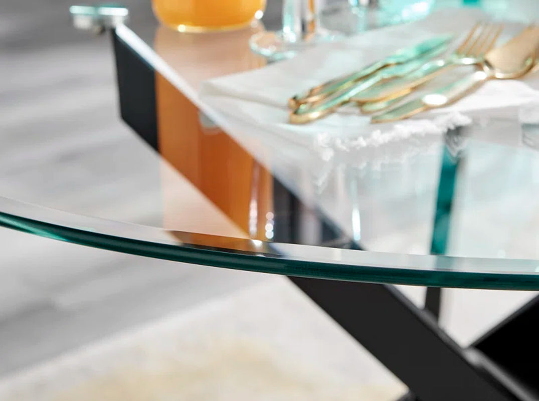 Tierra Modern Chrome Metal & Glass round Dining Table Set with 4 Luxury Upholstered Fabric Chairs