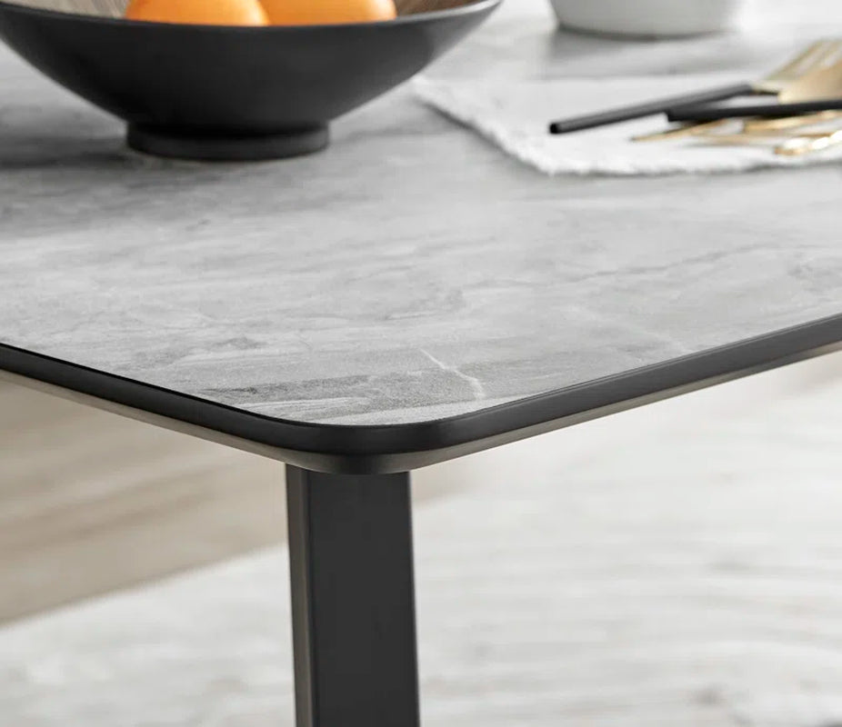 Industrial Design White & Grey Marble Effect Melamine Dining Table Set with 6 Faux Leather Chairs