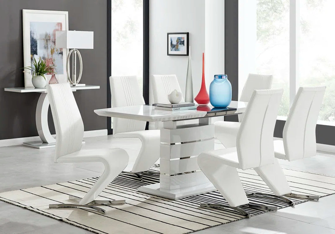 Renne Modern High Gloss Extendable Dining Table Set with 6 Modern Design Faux Leather Dining Chairs