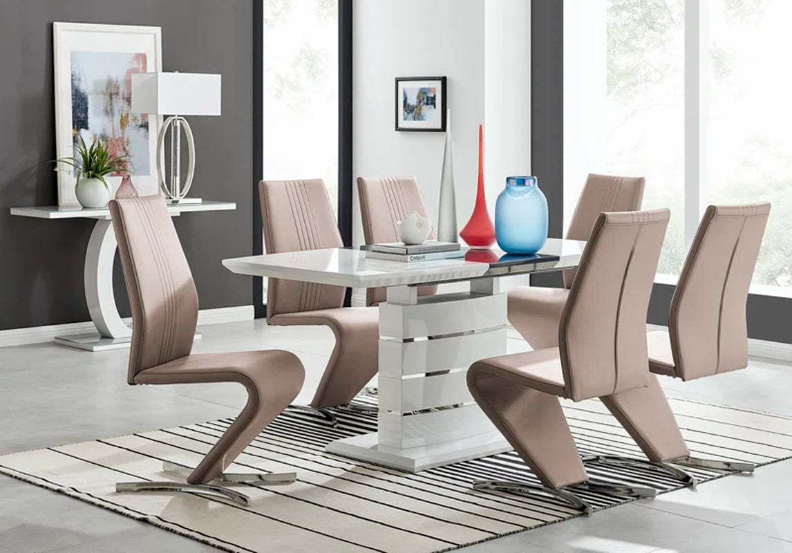 Renne Modern High Gloss Extendable Dining Table Set with 6 Modern Design Faux Leather Dining Chairs