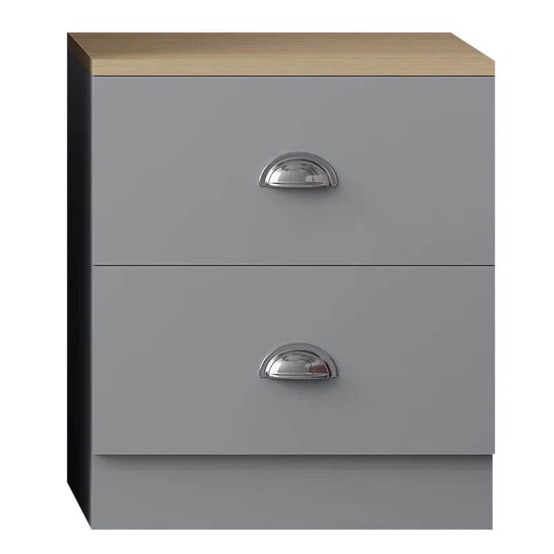 Lyndes 2 Drawer Bedside Table Nightstand Cabinet - Matt Finish, Oak Effect Top. Polished Chrome Cup Handles