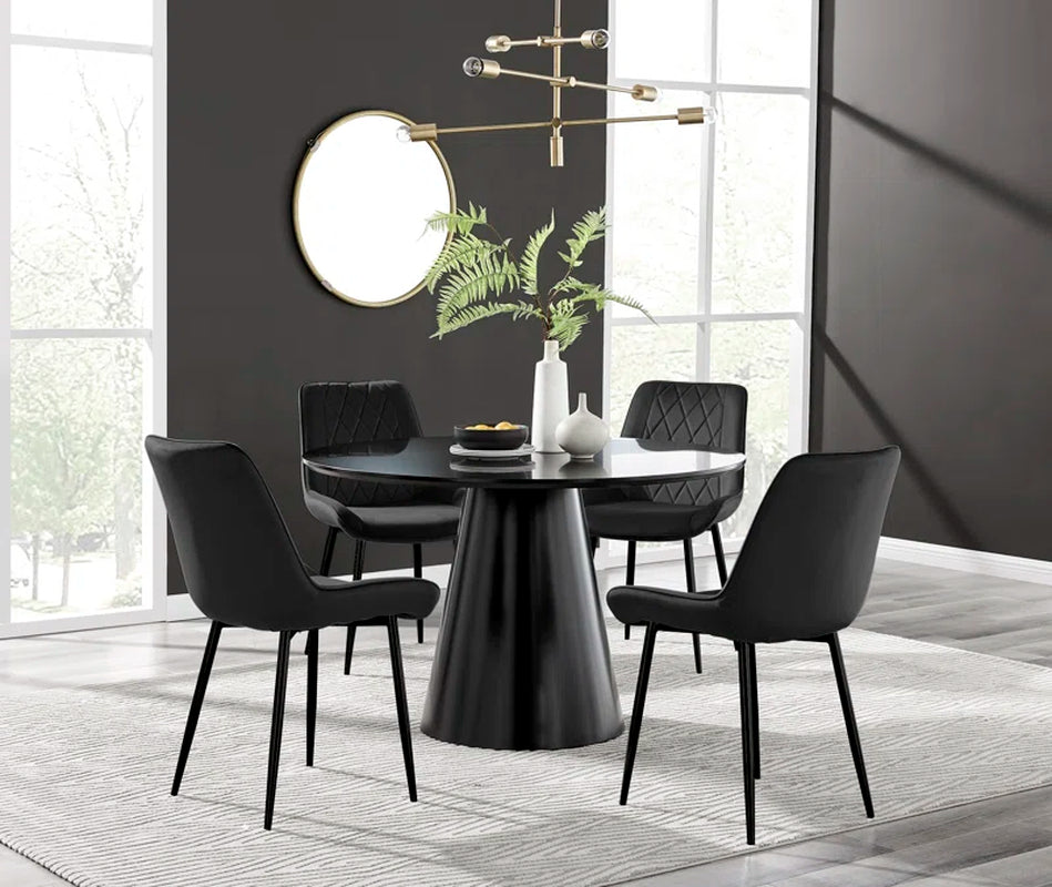 Edzard Statement Pedestal round Dining Table Set in Black & 4 Luxury Velvet Dining Chairs