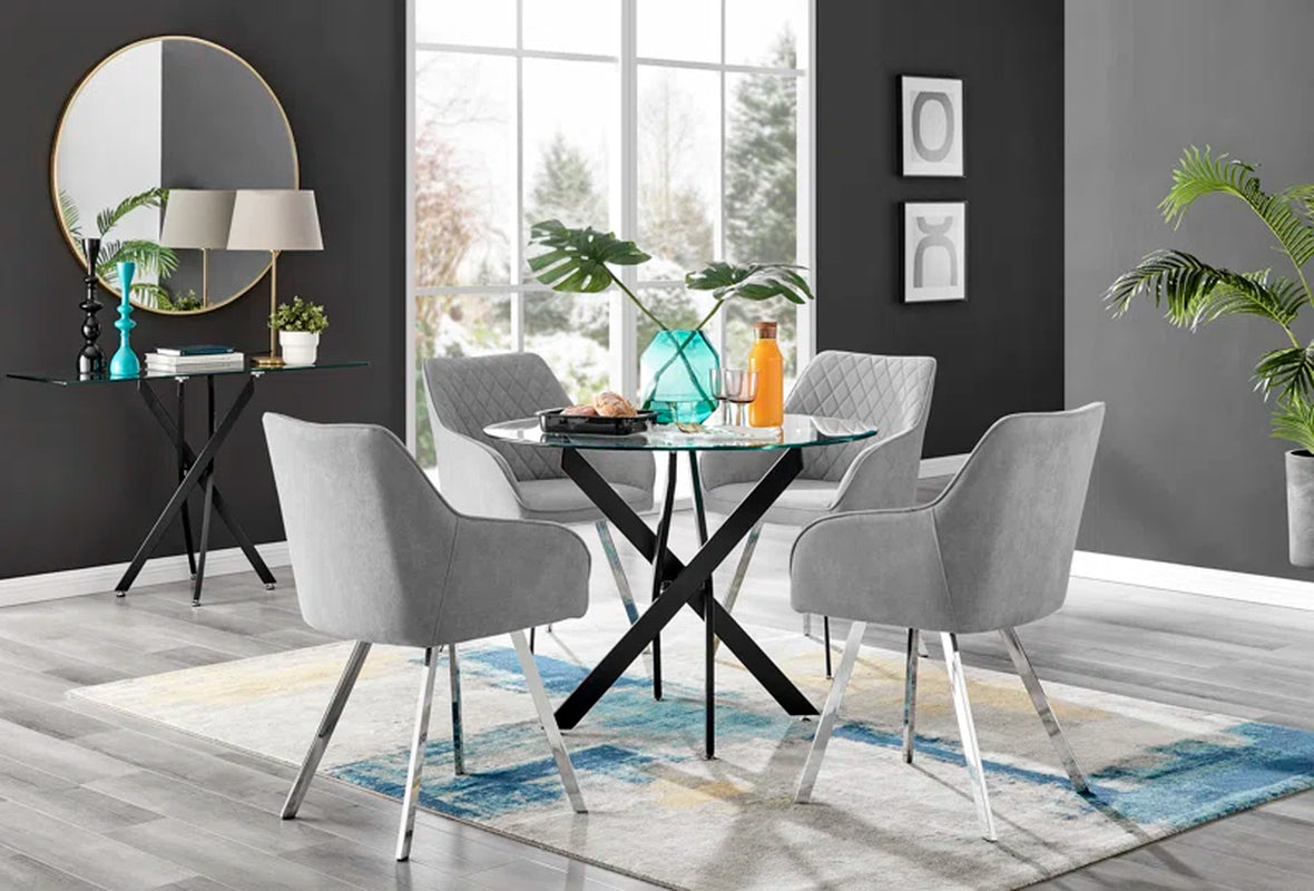 Tierra Modern Chrome Metal & Glass round Dining Table Set with 4 Luxury Upholstered Fabric Chairs