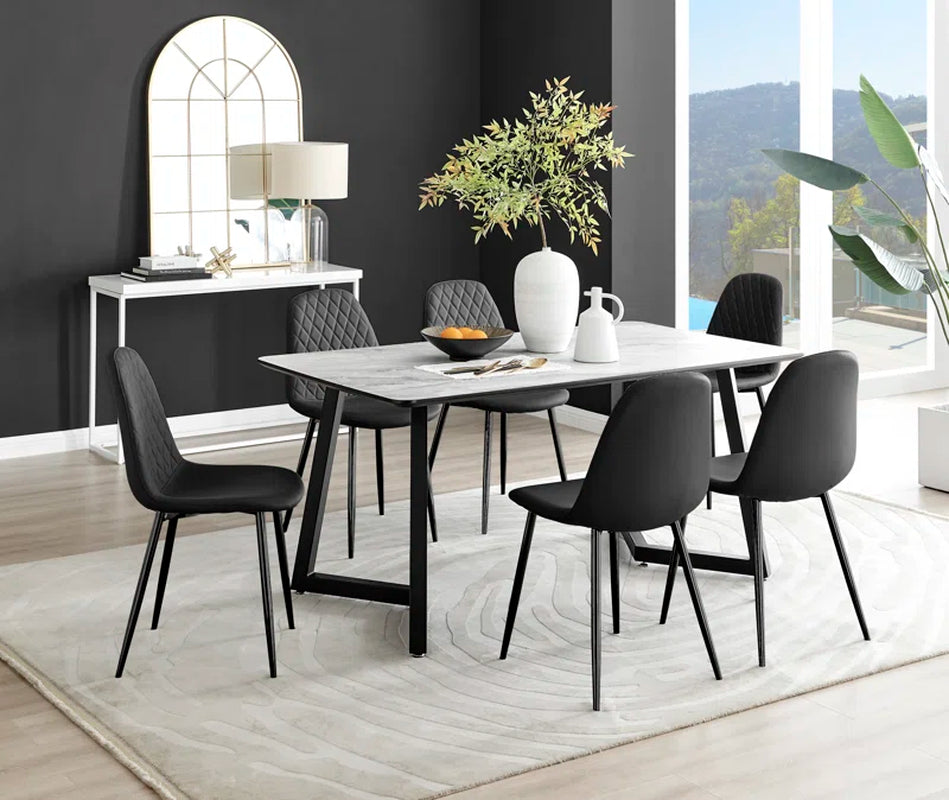 Industrial Design White & Grey Marble Effect Melamine Dining Table Set with 6 Faux Leather Chairs