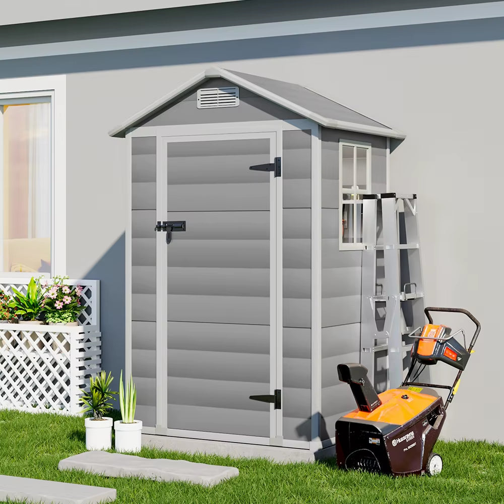 【】Outdoor Storage Shed Kit - Perfect for Storing Patio Furniture, Grey and White