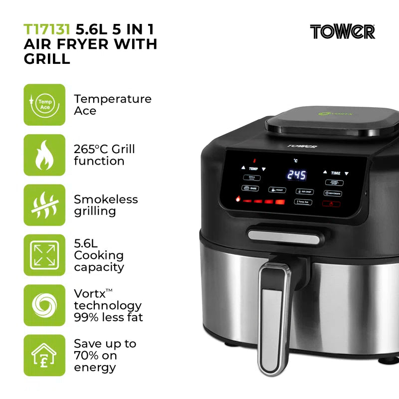 T17131 Vortx 5 in 1 Air Fryer and Grill with Crisper, 5.6L, Black