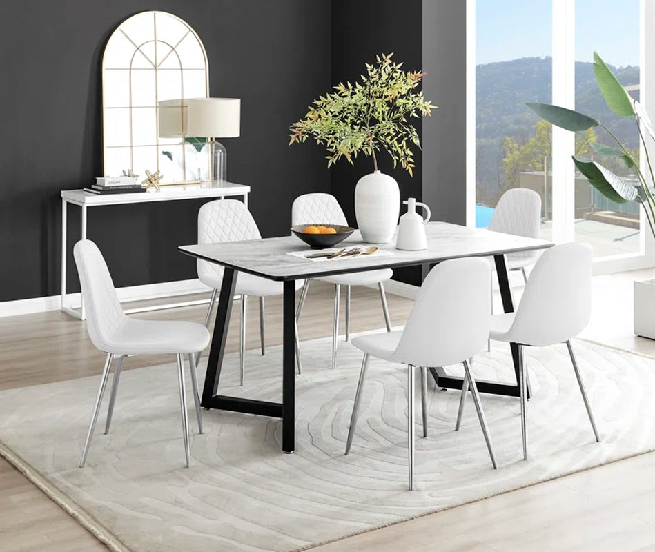 Industrial Design White & Grey Marble Effect Melamine Dining Table Set with 6 Faux Leather Chairs