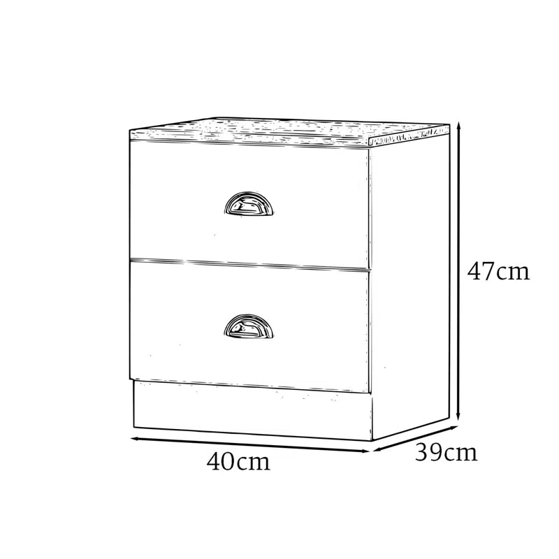 Lyndes 2 Drawer Bedside Table Nightstand Cabinet - Matt Finish, Oak Effect Top. Polished Chrome Cup Handles