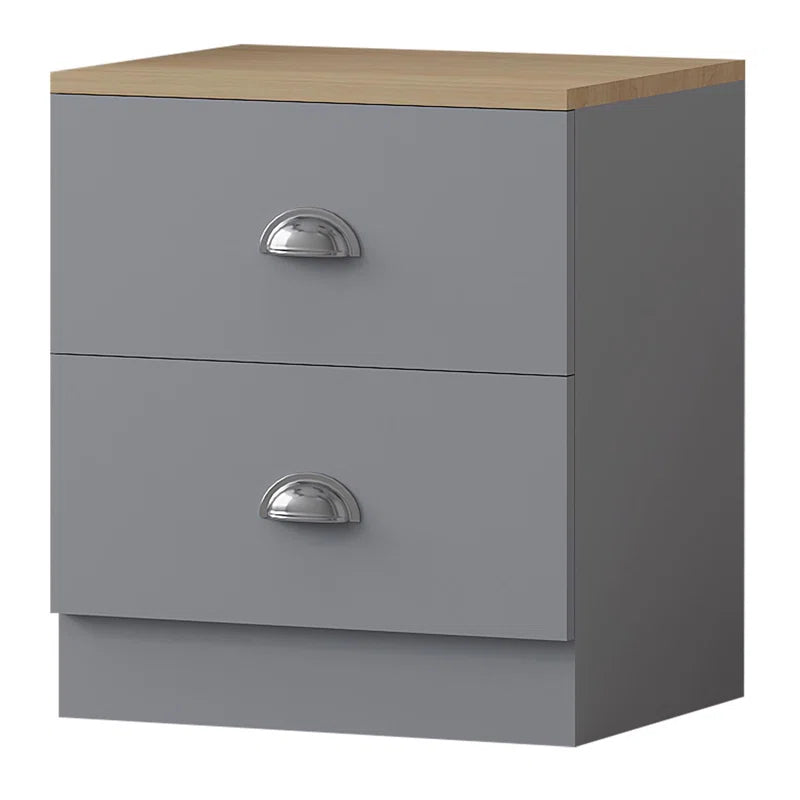 Lyndes 2 Drawer Bedside Table Nightstand Cabinet - Matt Finish, Oak Effect Top. Polished Chrome Cup Handles