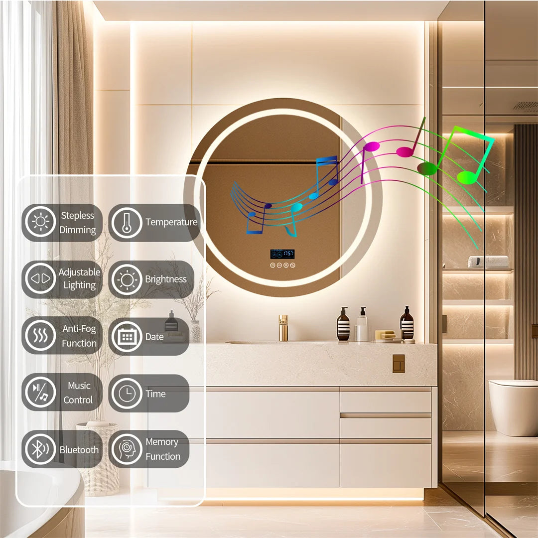 round Bathroom Mirror with Dual Bluetooth Speakers Anti-Fog Lighted Shower Vanity Mirror with Time Weather Display