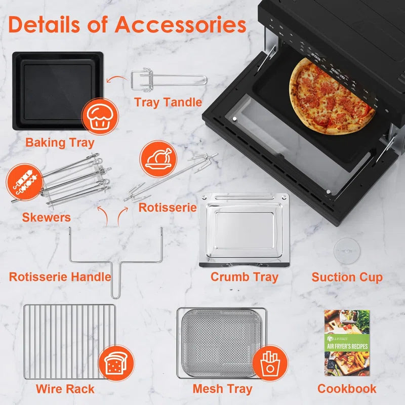30L Air Fryer Oven Xxl with Rotisserie, Mini Oven with 20 Programs and 9 Accessories, Air Fryer Oven with Led Touchscreen, Stainless Steel Liner Oven, Double-Layered Door, Recipe Book