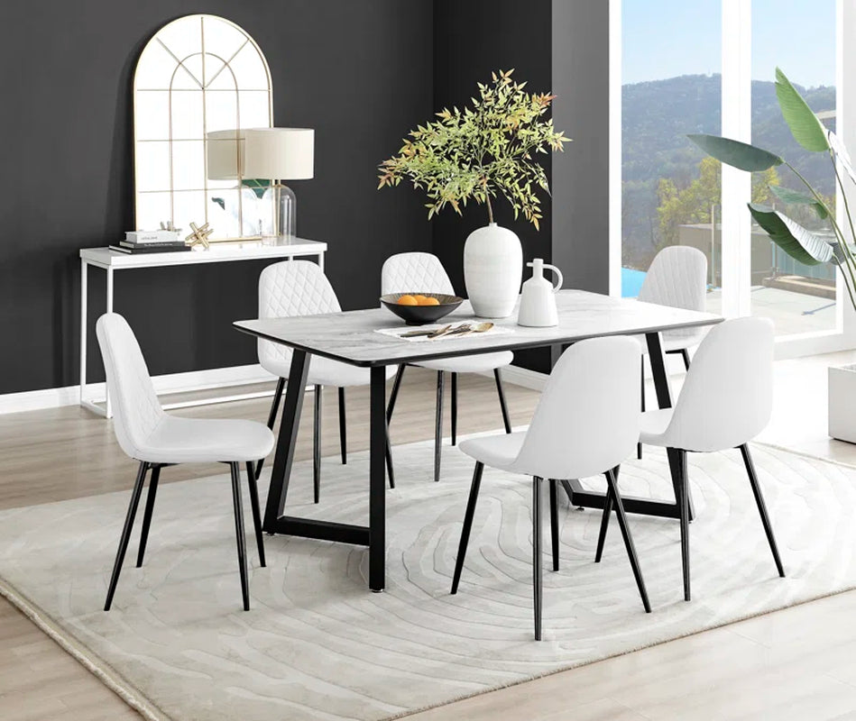 Industrial Design White & Grey Marble Effect Melamine Dining Table Set with 6 Faux Leather Chairs