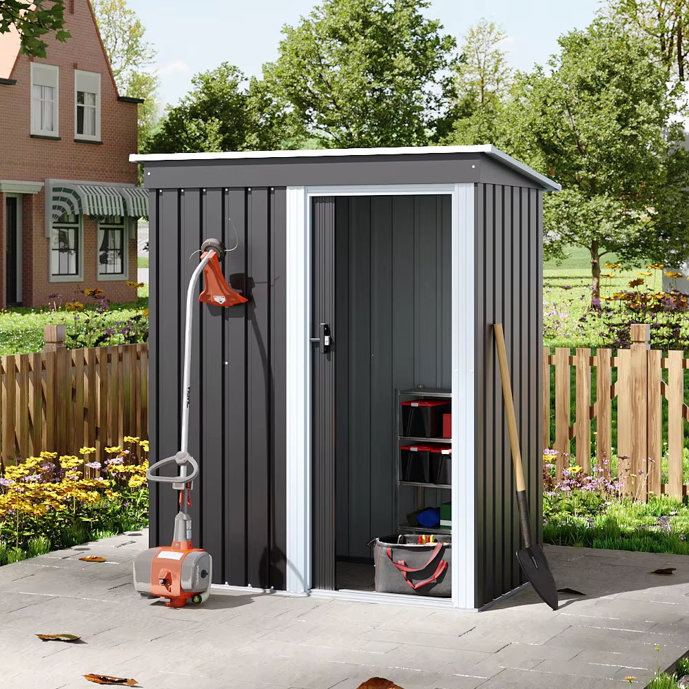 【】Outdoor Water-Resistant Galvanized Steel Storage Shed with Sloping Roof,Lockable Door for Lawn Patio Backyard