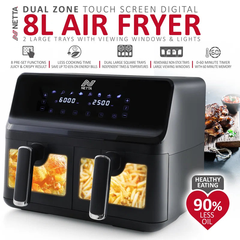 8L Dual Basket Low Energy Air Fryer with Digital Smart Programmes - 2 Large Drawers, 8 Pre-Set Functions, 60 Minute Timer, Xl Family Size Drawer - Black